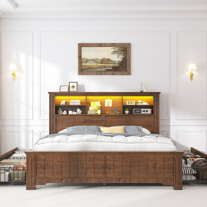 Structure de lit de ferme avec tête de lit et éclairage à DEL et USB, 4 tiroirs sous le lit, station de charge intégrée, aucun bruit, aucun sommier nécessaire