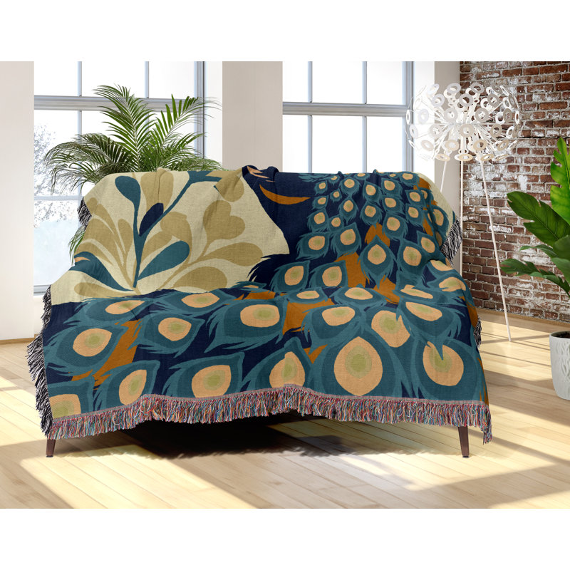Jeté en mélange de coton Nivo Peacock, L 70 po x l 50 po, Bleu turquoise foncé