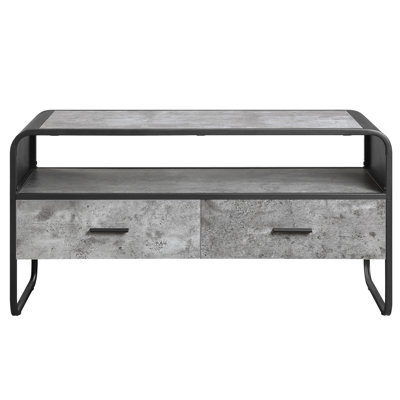 Meuble télé moderne noir avec tiroirs à coulisses latérales gris béton et tablettes, rangement en métal, structure en bois et métal, 39 po de largeur, 42 po de superficie, espace de vie 2 à bords arrondis, hauteur de 22 po, pour