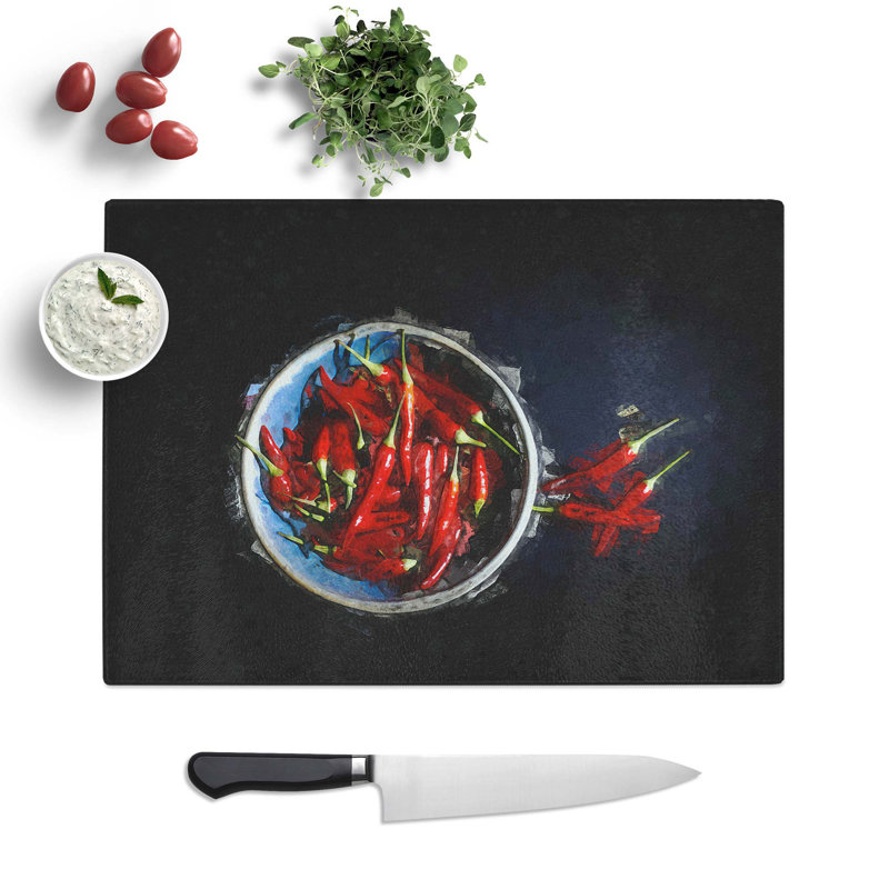 Tempered Glass Chilli's in a Bowl Chopping Board, 28.5 cm W x 20 cm L