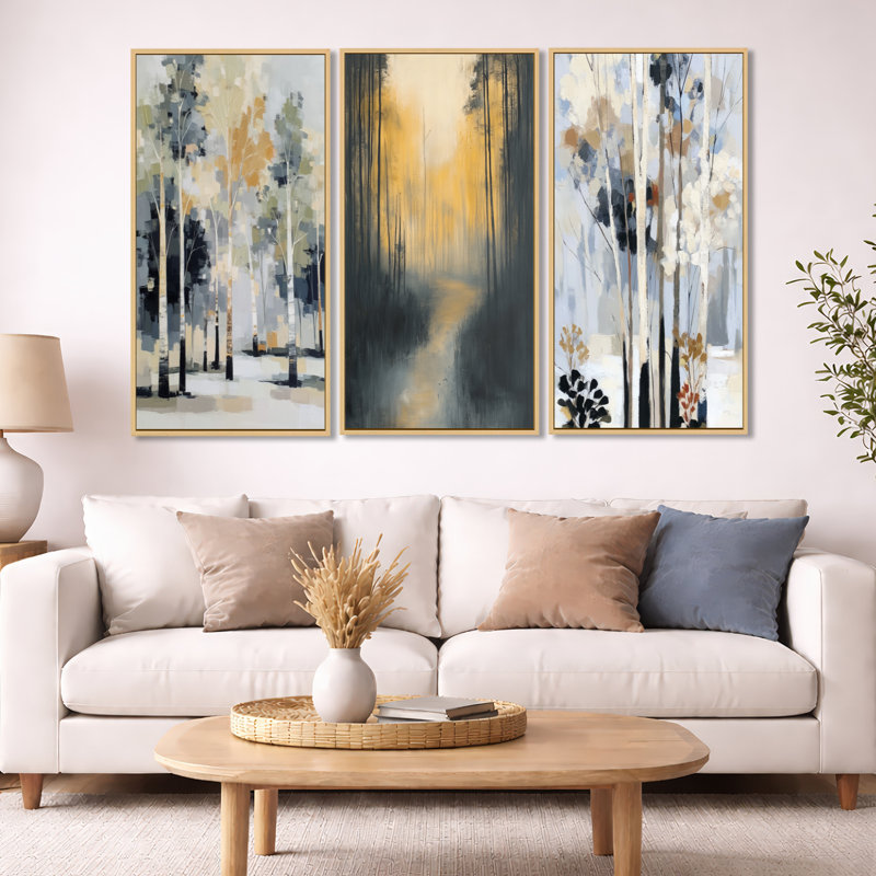 «White and Black Birch Trees Forest Panorama - Birch Trees», ensemble de 3 reproductions sur toile encadrées