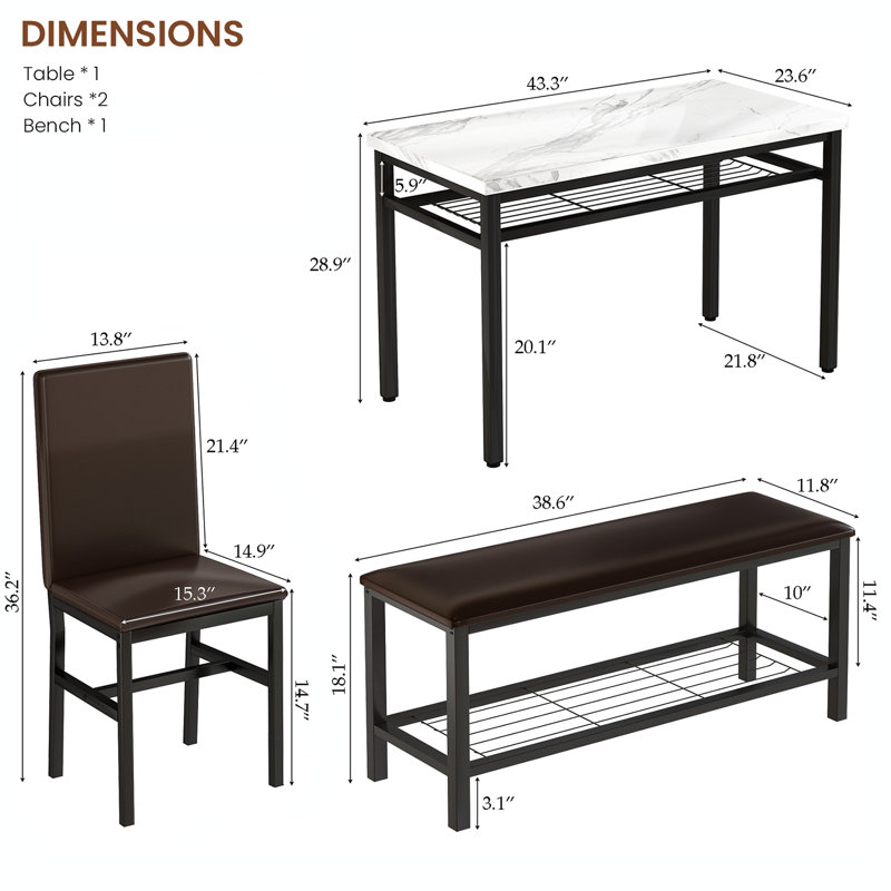 4-Piece Modern Dining Table Set, Faux Marble Kitchen Table With PU Leather Bench And Chairs, Table And Chairs Set For 4, Space Saving Dinette For Kitchen, Dining Room