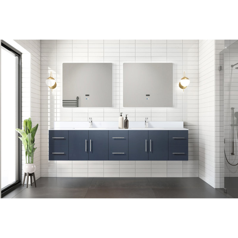 Meuble-lavabo double bleu marine avec comptoir en marbre de culture, robinet et 36 po Miroirs à DEL - dans le comptoir, utilisation durable à long terme