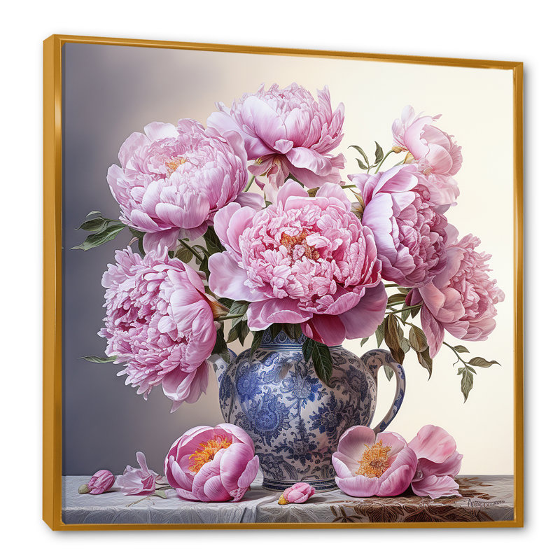 Art floral sur toile, pivoines roses, nature morte I, Cadre doré simple, H 36 po x l 36 po