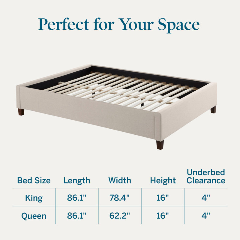 Upholstered Platform Bed Base with Wood Slats, Queen, Oatmeal, Oatmeal, Queen