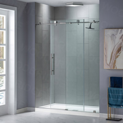44"- 48" W x 76" H Single Sliding Frameless Shower Door with 3/8"(10mm) Explosion-Proof Clear Tempered Glass, Stainless Steel Accessories