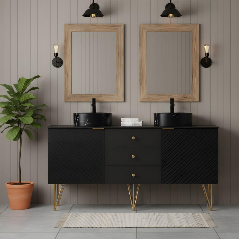 Meuble-lavabo de 60 po avec lavabo en céramique avec motif en pierre noire et comptoir en pierre frittée noire