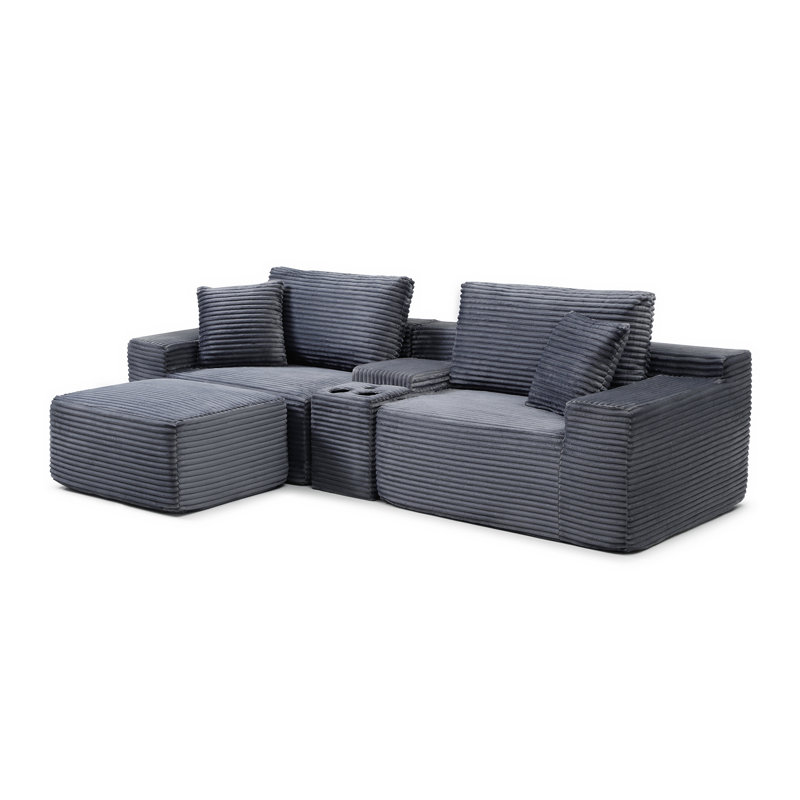 Modular Sectional Sofa, Deep Seat Corduroy Cloud Couch with Cup Holders, USB Ports & Storage Box, Sleeper Sofa Couch Boneless Couches With Movable Ottoman for Living Room, No Assembly Required,Grey