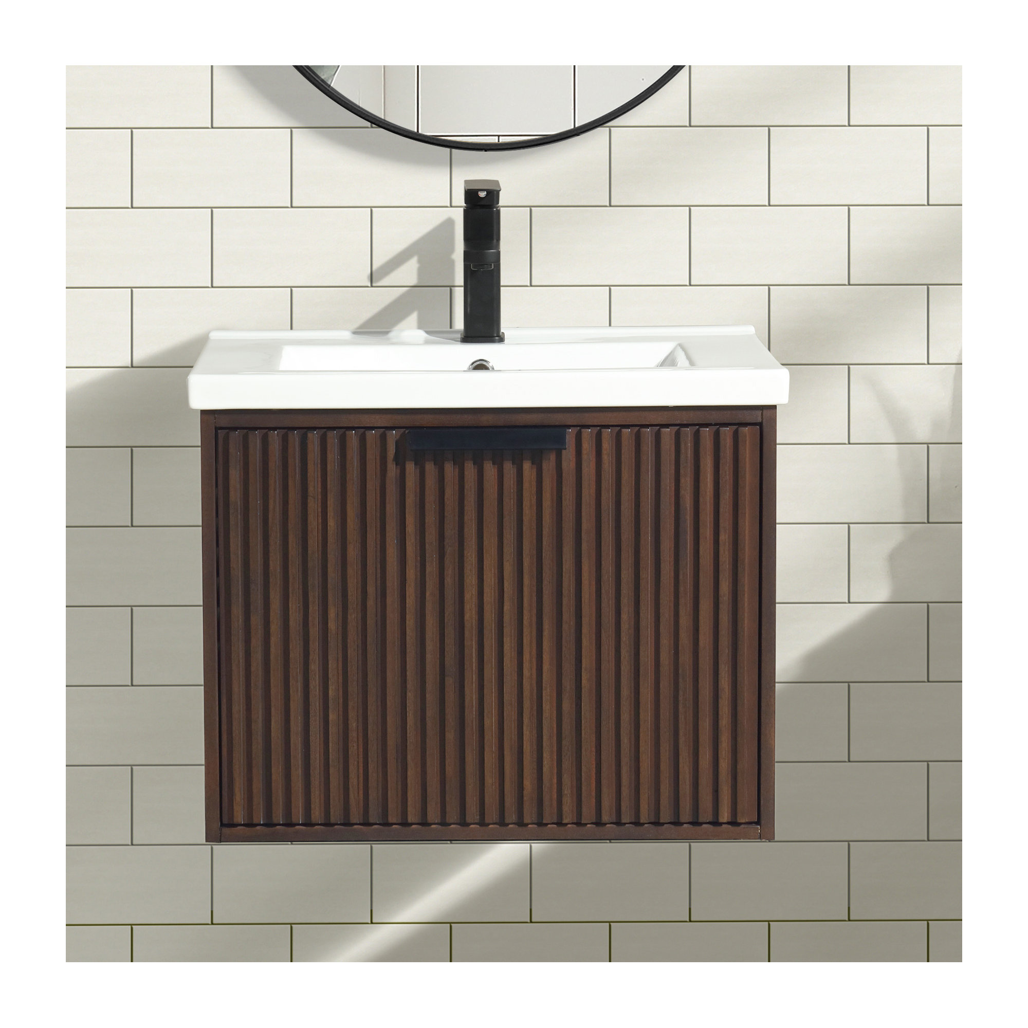 Anelie 24" Wall-Mounted Single Bathroom Vanity Set, Walnut, Matte Black