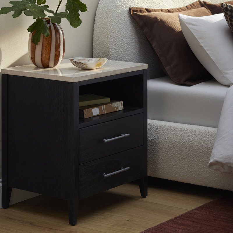 Mayfair 2 Drawer Wood and Marble Nightstand, Washed Black/Ivory