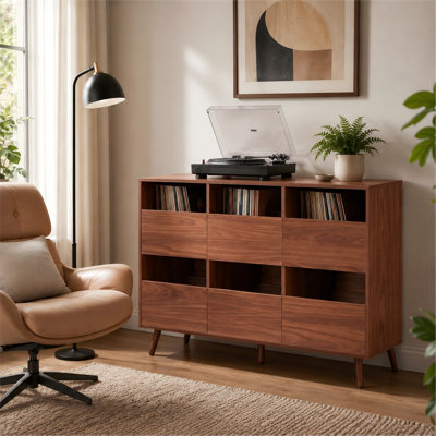 Support pour tourne-disque de 44 pouces avec armoire de rangement pour 6 disques vinyle
