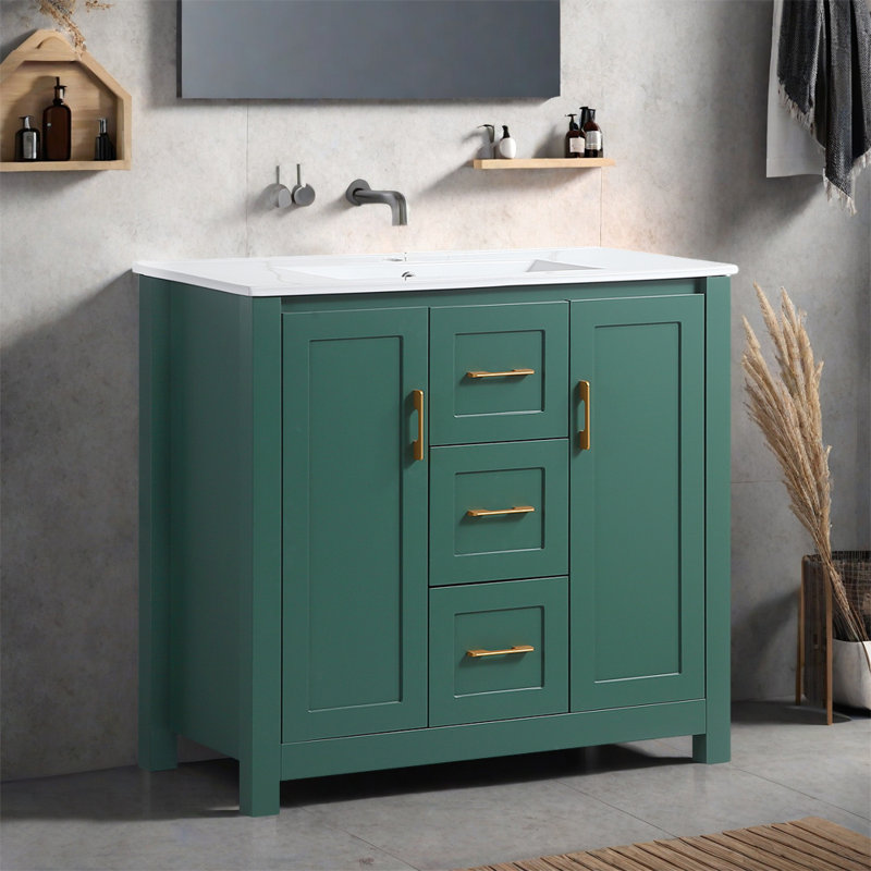 Meuble-lavabo 36 po avec lavabo simple, meuble sous-comptoir et armoire de rangement multifonctionnelle, Vert