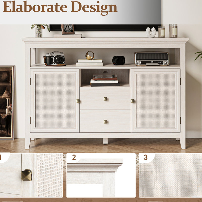 Buffet 52,8 po, armoire de cuisine avec 5 tablettes réglables - bois blanc et armoire d'appoint, pour un rangement efficace blanc, P 53 po x l 36 po H 16 po, 90 lb