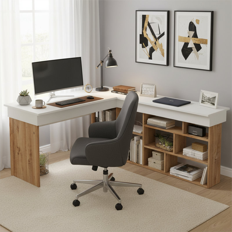 Glennora L-Shaped Executive Desk, Blanc