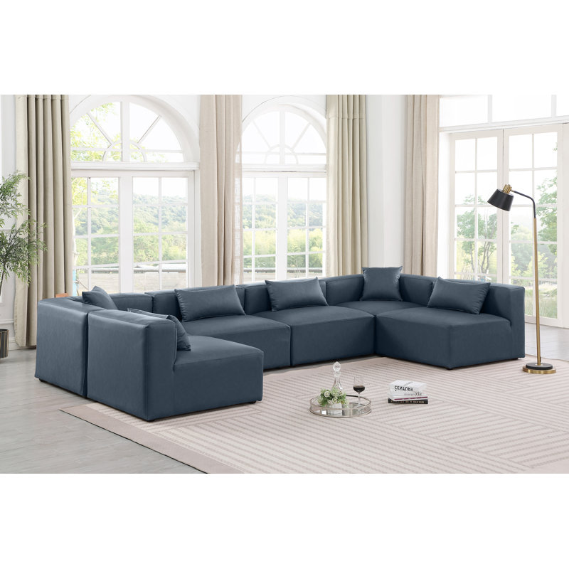 Canapé modulaire en similicuir 6 pièces Houswerth, Cuir végétalien bleu marine