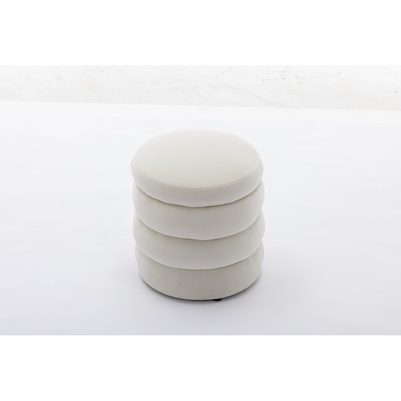 Round Upholstered Velvet Ottoman, Velvet, Ivory