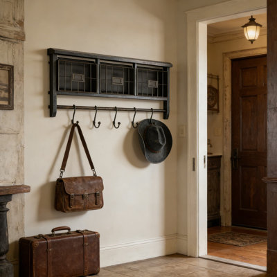 Support de rangement mural avec tablette, crochets et paniers grillagés - Fabrication en bois de pin massif - Aucun assemblage requis pour le vestibule, la cuisine ou l'organisation de la salle de bain