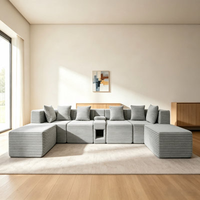 Canapé d'angle modulaire 7 pièces, modèle infonuagique sans os avec console, assises extra profondes, ensemble de canapés en velours côtelé pour salon, gris pâle