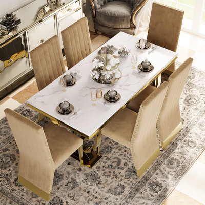 7 Piece Luxury Dining Table Set With 6 Velvet Dining Chairs