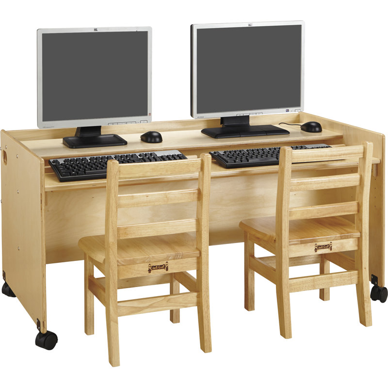 Natural Wood Double Computer Desk with Adjustable Keyboard Tray