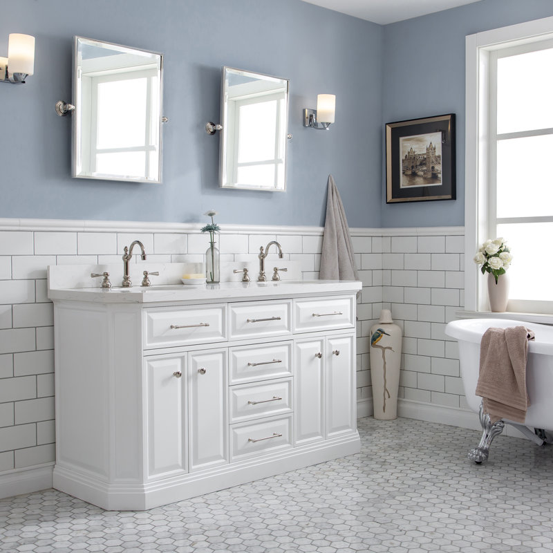 60" Palace Collection Quartz Carrara Cashmere Grey Bathroom Vanity Set With Hardware And F2-0012 Faucets in Chrome Finish