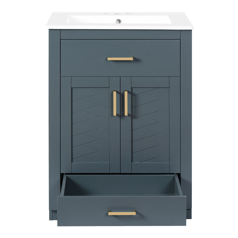 Meuble-lavabo bleu de 24 po avec lavabo intégré, armoire à 2 portes, tiroir basculant, rangement spacieux, look moderne, assemblage par l'utilisateur, double extension complète, assemblage facile à suivre, convient à