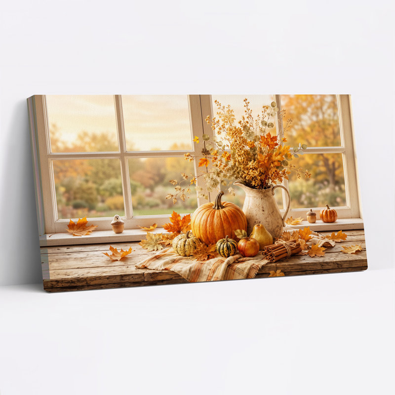 Citrouille orange et fleurs séchées sur toile murale rustique pour l'Halloween, L 58 po x H 28 po