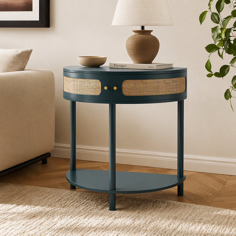 Table de bout unique en demi-lune avec porte coulissante en rotin, console élégante en demi-cercle avec 2 armoires de rangement en rotin et tablette inférieure pour le salon, la chambre à coucher, le bureau, le couloir (vert)