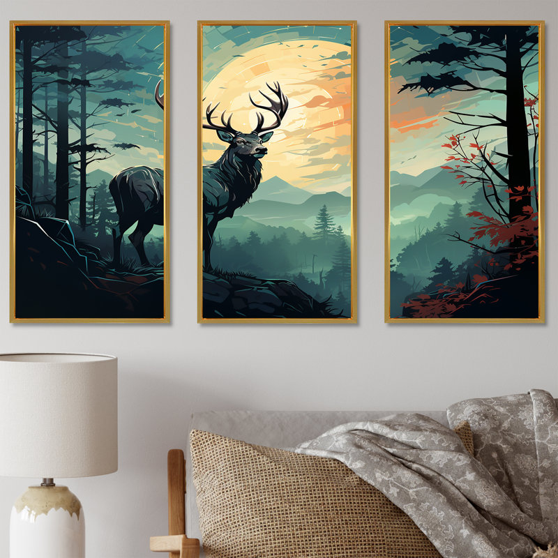 «Deer Sunset Landscape In Canada III - Deer Animal», art mural, Cadre flottant doré, H 40 po x l 61 po