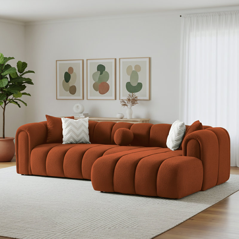 Daventry Channel-Tufted Bouclé L-Shaped Sectional Sofa & Chaise With Accent Pillows, Burnt Orange Boucle