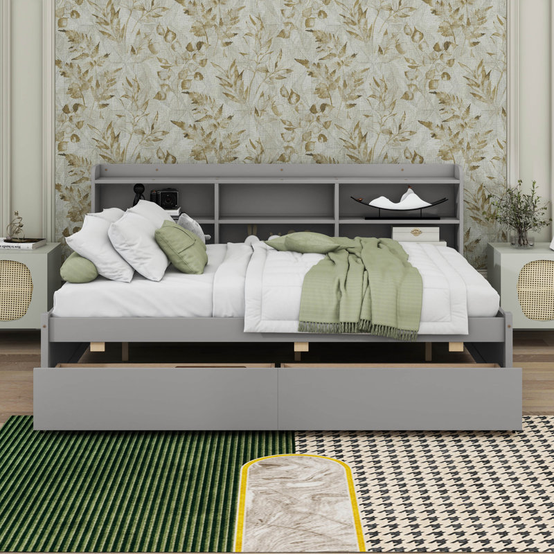 Bed With Side Bookcase And Drawers, Full, Gray