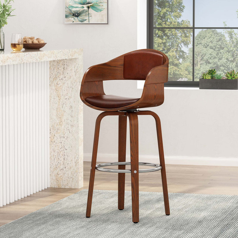 Mid-Century Modern Wooden Frame Swivel Bar Stool, Brown