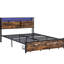 Structure de lit plateforme très grand en métal avec tête de lit en bois et charge, rangement à 2 tiroirs, lumières à DEL, pas de sommier, étapes d'installation rapide, lit de 600 lb et fonction de charge, simple-2133298309