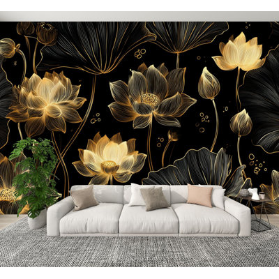 Leaf Peel and Stick Wallpaper Boho Gold Lotus Floral Dark Botanical Wall Murals 100"H x 144"W Removable PVC Wall Paper Self-Adhesive Wall Decor for Bedroom Living Room Home Office