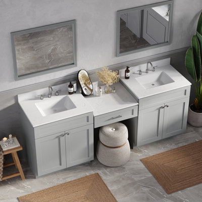 Meuble-lavabo double 85 po avec tiroir en bois massif et comptoir en quartz de Carrare