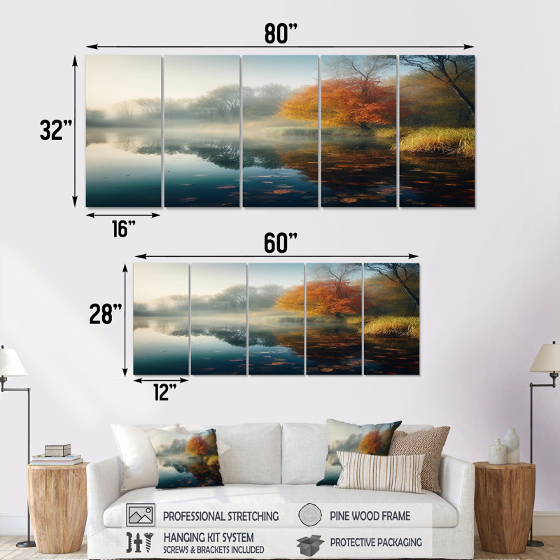 «Morning Mist Over Early Autumn Forest Lake - Lake», art mural pour le salon, 5 pièces, H 32 po x l 80 po