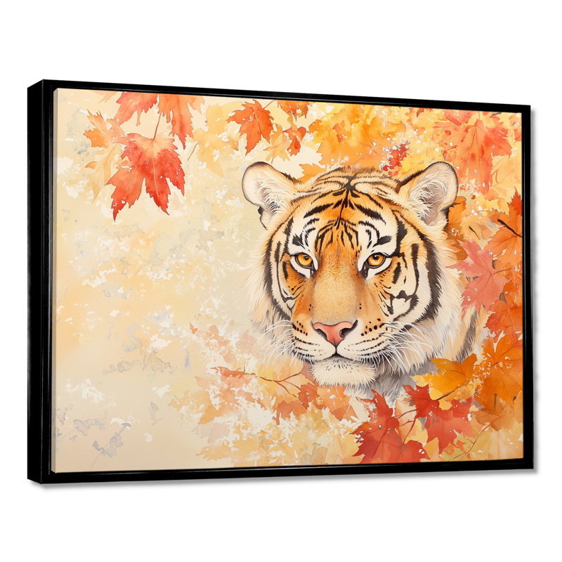 Tigre dans les feuilles d'automne II - salon d'art mural tigre, H 24 po x l 32 po, Noir