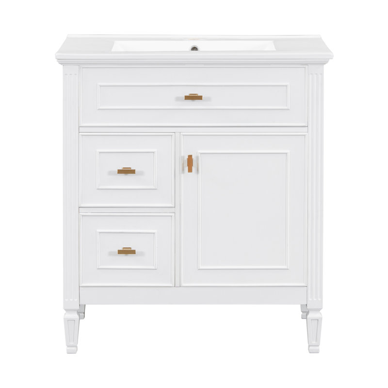 Meuble-lavabo de 30 po avec lavabo, meuble-lavabo avec un tiroir rabattable et deux tiroirs, tablette réglable, bois massif et panneau de fibres à densité moyenne, blanc