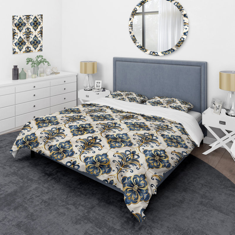 Ensemble de housse de couette Gold Blue Glam Damask Tiles - Glam, Housse de couette très grand + 2 taies décorativ