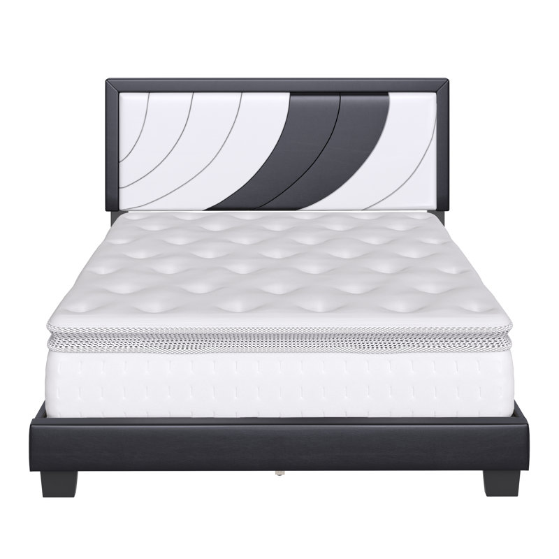 Lit plateforme tapissier avec tête de lit Boyda Sleep Bree, Noir et blanc, Double