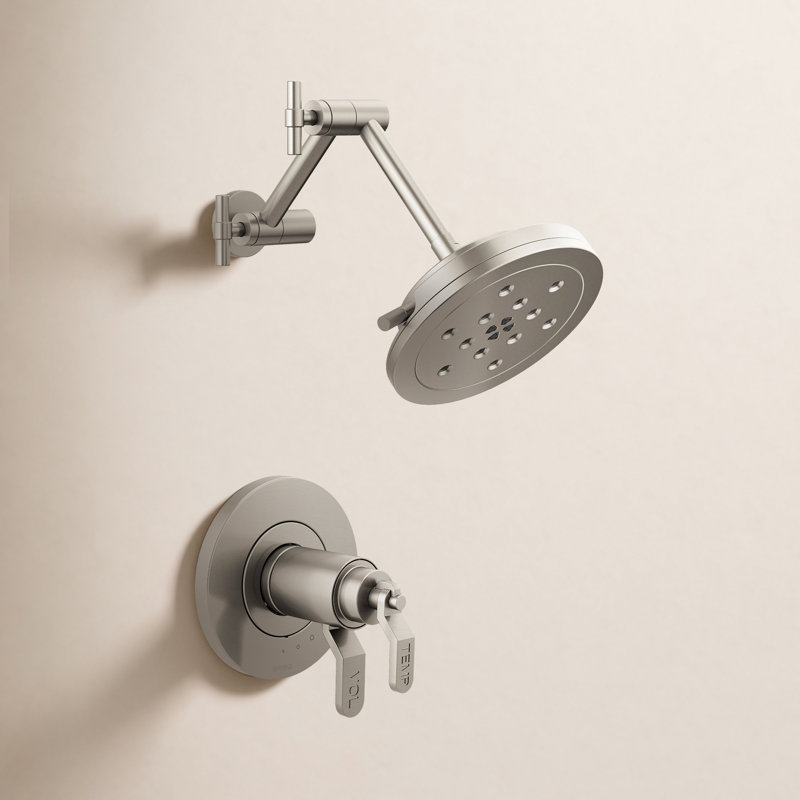 Litze Thermostatic Shower Faucet with TempAssure, Luxe Nickel, Industrial Lever