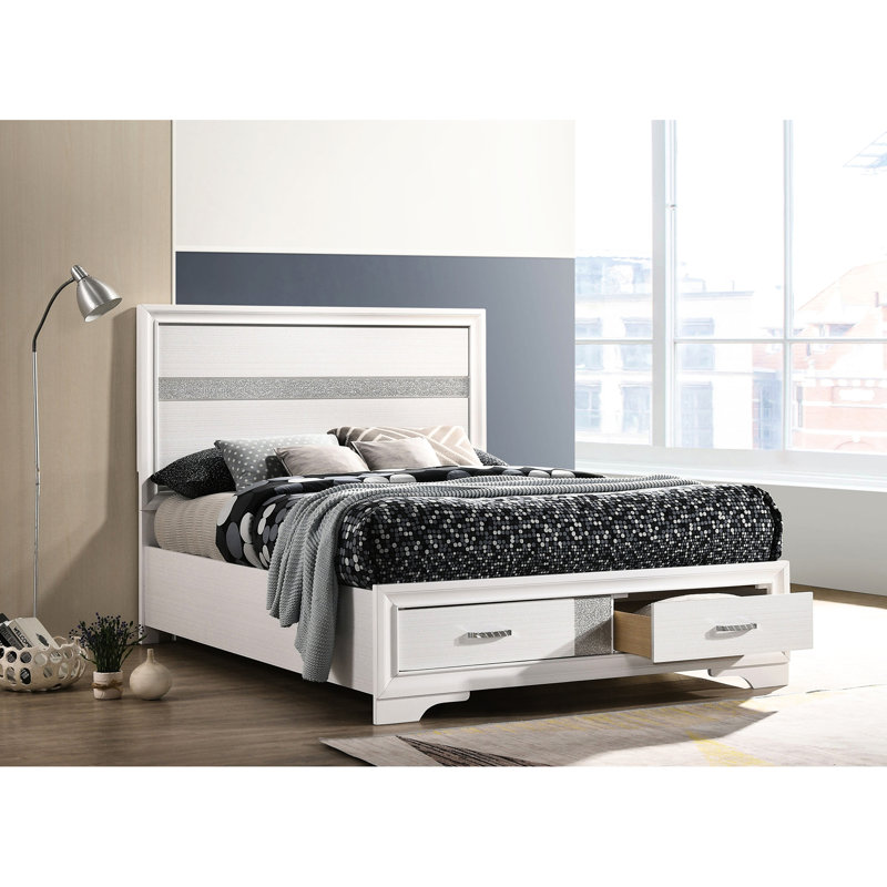 Lit à panneau double blanc avec rangement pour tiroir, illumine le décor de la chambre à coucher, conception classique, poignées à tirer confortables, bois franc asiatique et stratifié de papier