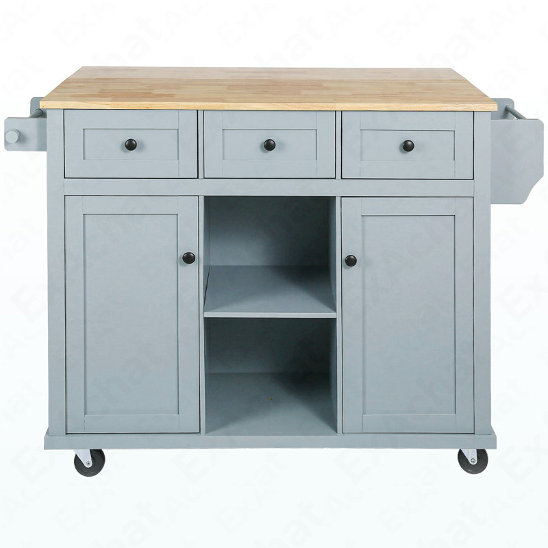 Kitchen Cart With Rubber Wood Drop-Leaf Countertop ,Cabinet Door Internal Storage Racks,Kitchen Island On 5 Wheels With Storage Cabinet And 3 Drawers For Dinning Room, Grey Blue