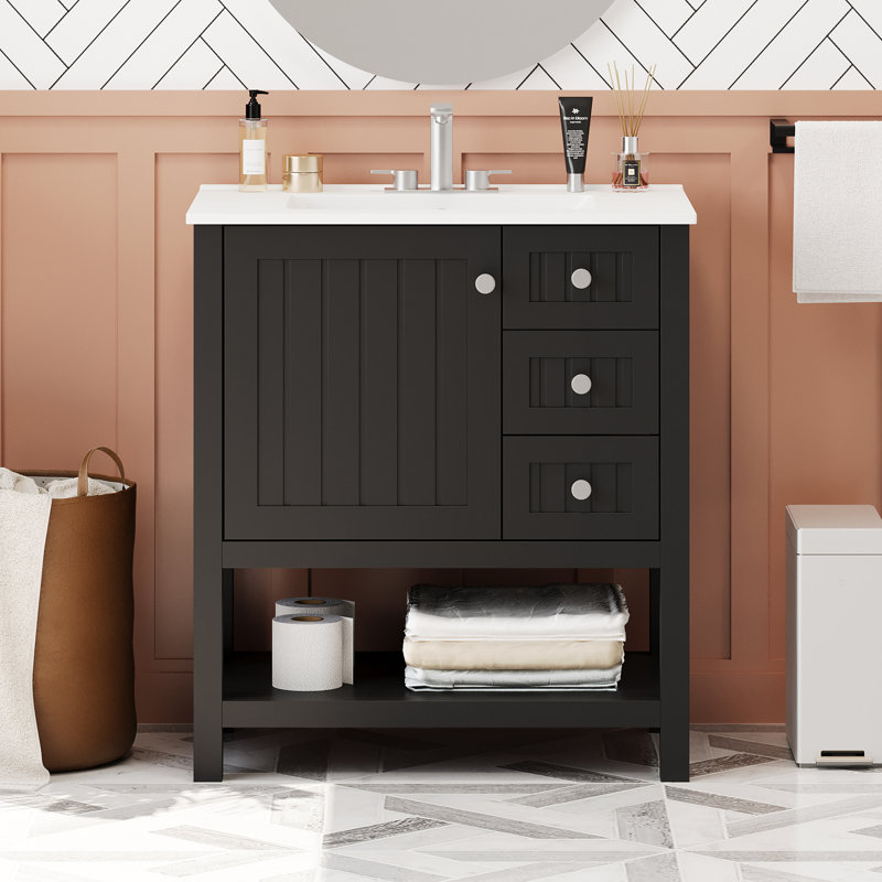 Meuble-lavabo de style transitionnel avec lavabo en céramique, Noir, noir, noir, noir