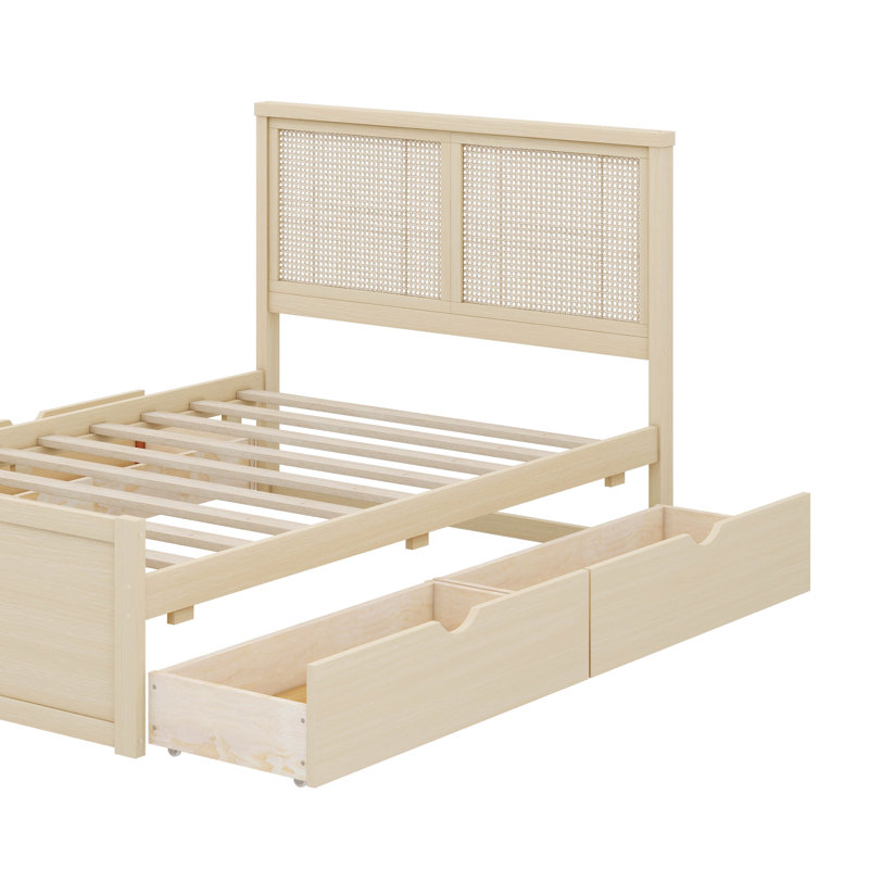 Lit plateforme en bois avec 4 tiroirs intégrés pour le rangement, Double, Nature