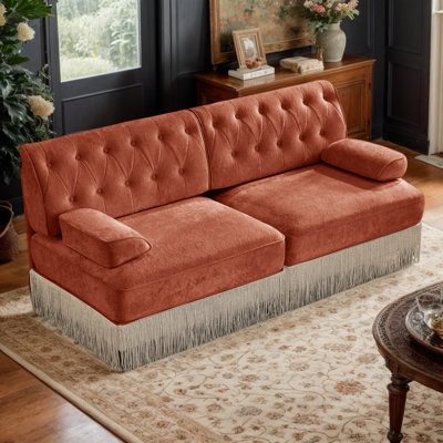 76.6" Velvet Modular Chesterfield Sectional Loveseat Sofa, Upholstered Sectional Couch with Adjustable Armrests & Tassel Fringe Skirt, 2-Seater Button Tufting Couches for Living Room, Apartment