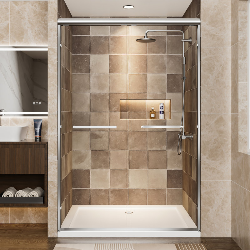 Aluminum Double Sliding Shower Door, 48" Wide, 72" High, 1/4" (6mm) Clear Tempered Glass With Film, Corrosion - And Adjustable For Bathroom Frame Shatter Easy To Install In