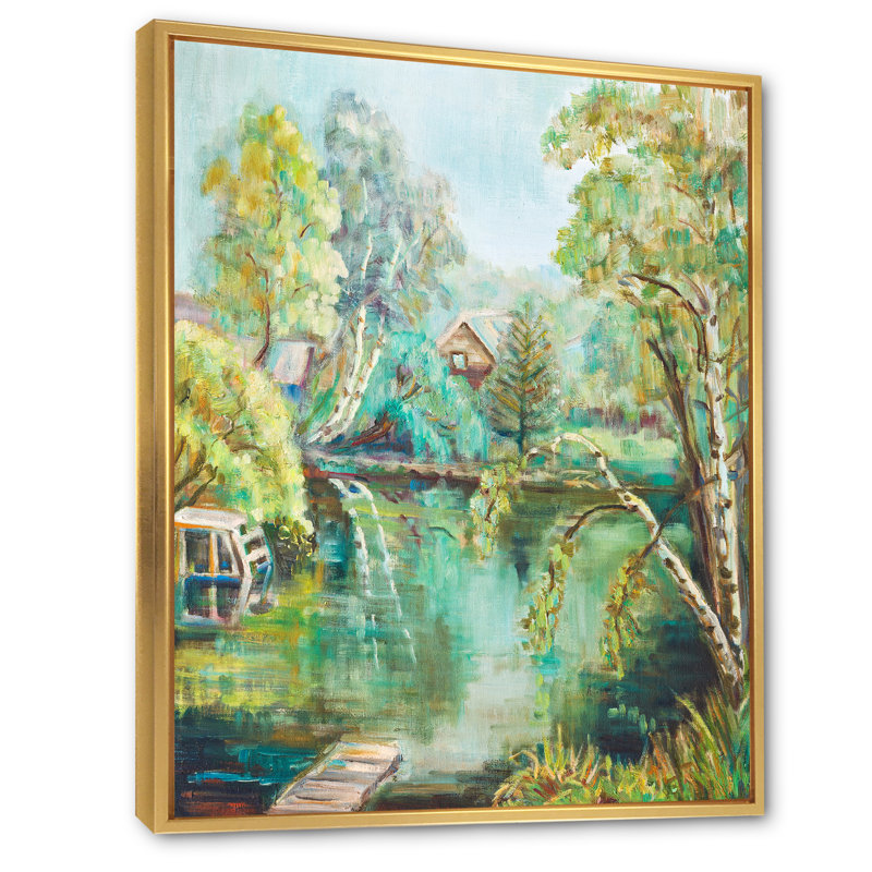 Étang vert en été - Peinture sur toile, H 40 po x l 30 po, Toile à cadre flottant doré