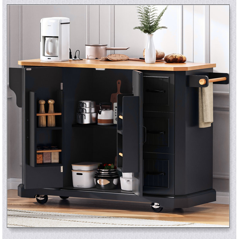 56 Inch Rustic Rolling Kitchen Island with Drop Leaf, Power Outlet, and Ample Storage on Wheels