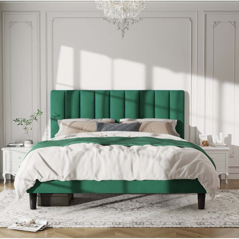 Jerrine Velvet Upholstered Platform Bed, Green, Queen